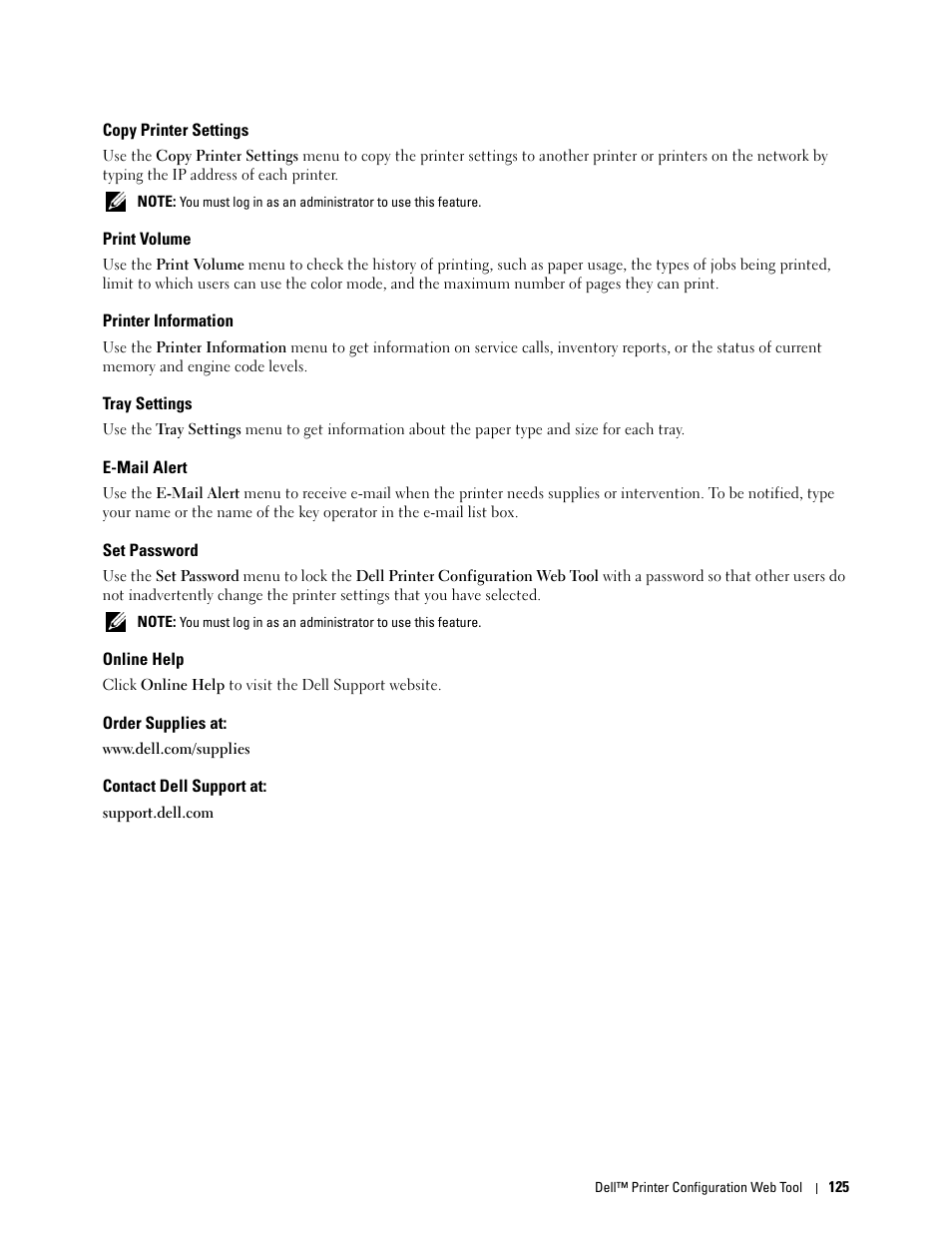 Copy printer settings, Print volume, Printer information | Tray settings, E-mail alert, Set password, Online help, Order supplies at, Contact dell support at | Dell C3760dn Color Laser Printer User Manual | Page 127 / 412