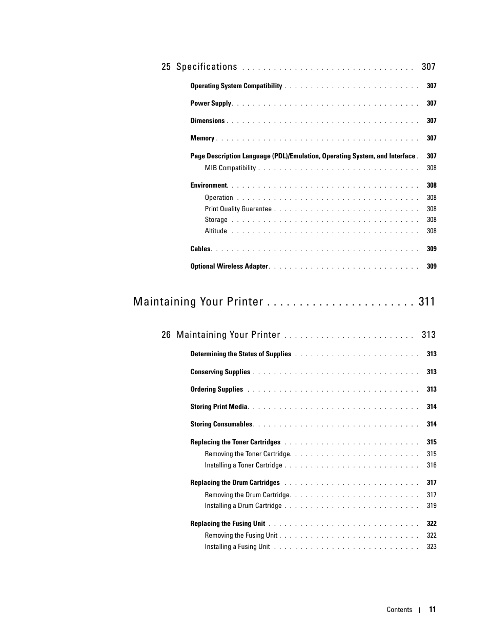 25 specifications 307, 26 maintaining your printer 313, Maintaining your printer | 25 specifications, 26 maintaining your printer | Dell C3760dn Color Laser Printer User Manual | Page 13 / 412