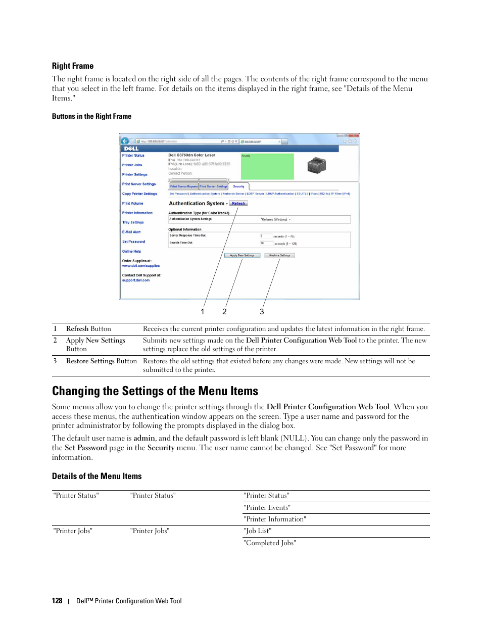 Right frame, Changing the settings of the menu items, Details of the menu items | Dell C3760dn Color Laser Printer User Manual | Page 130 / 412