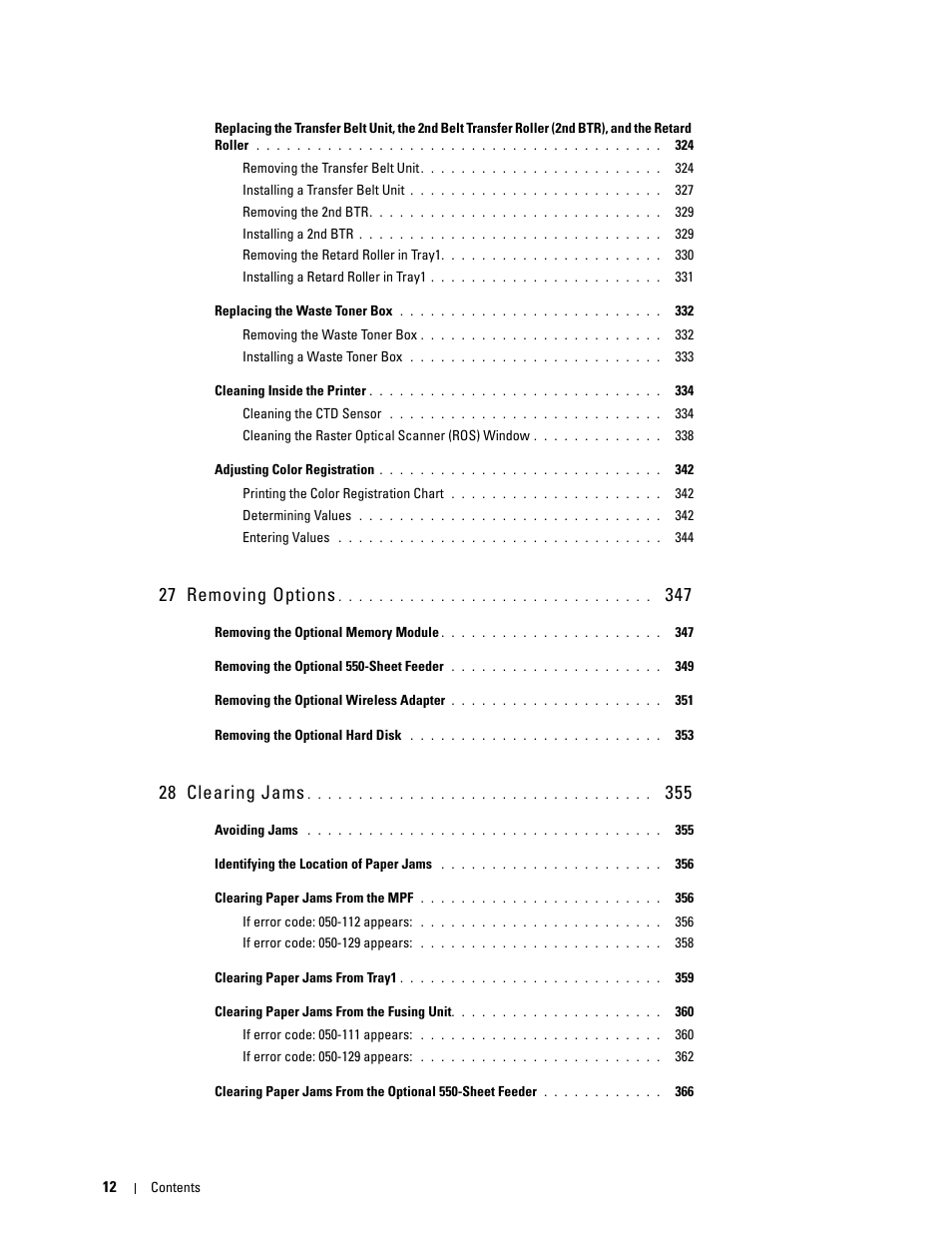 27 removing options 347, 28 clearing jams 355, 27 removing options | 28 clearing jams | Dell C3760dn Color Laser Printer User Manual | Page 14 / 412