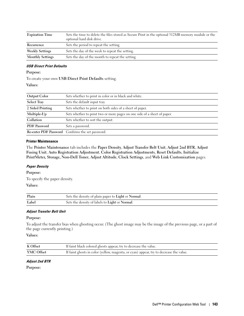 Usb direct print defaults, Printer maintenance | Dell C3760dn Color Laser Printer User Manual | Page 145 / 412