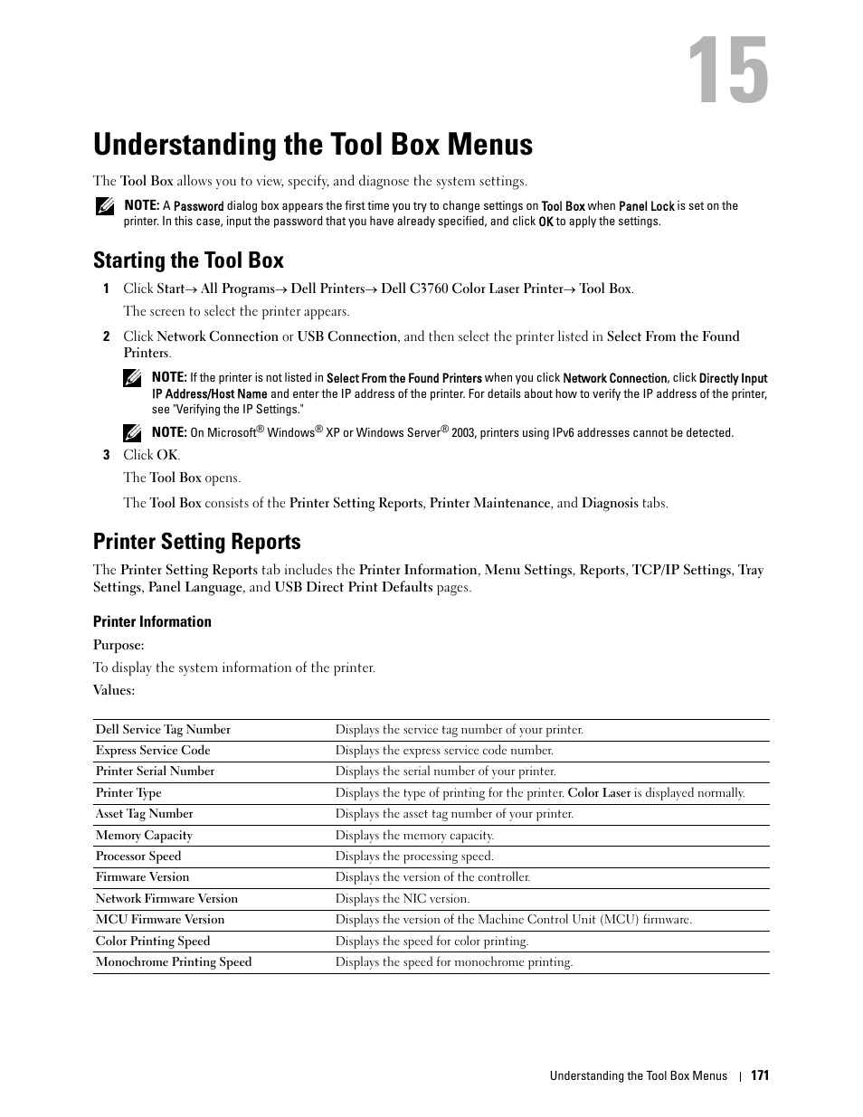 Understanding the tool box menus, Starting the tool box, Printer setting reports | Printer information, 15 understanding the tool box menus | Dell C3760dn Color Laser Printer User Manual | Page 173 / 412