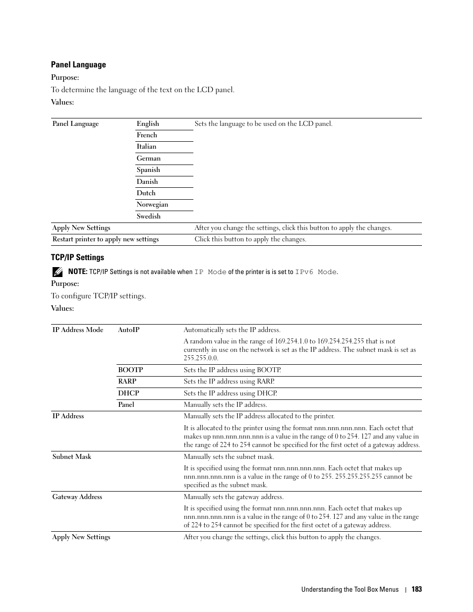 Panel language, Tcp/ip settings | Dell C3760dn Color Laser Printer User Manual | Page 185 / 412