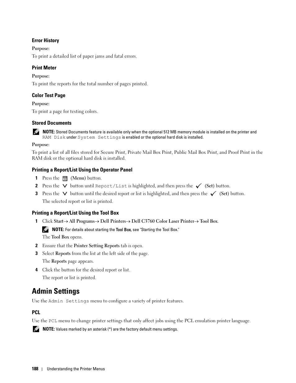 Error history, Print meter, Stored documents | Printing a report/list using the operator panel, Printing a report/list using the tool box, Admin settings | Dell C3760dn Color Laser Printer User Manual | Page 190 / 412