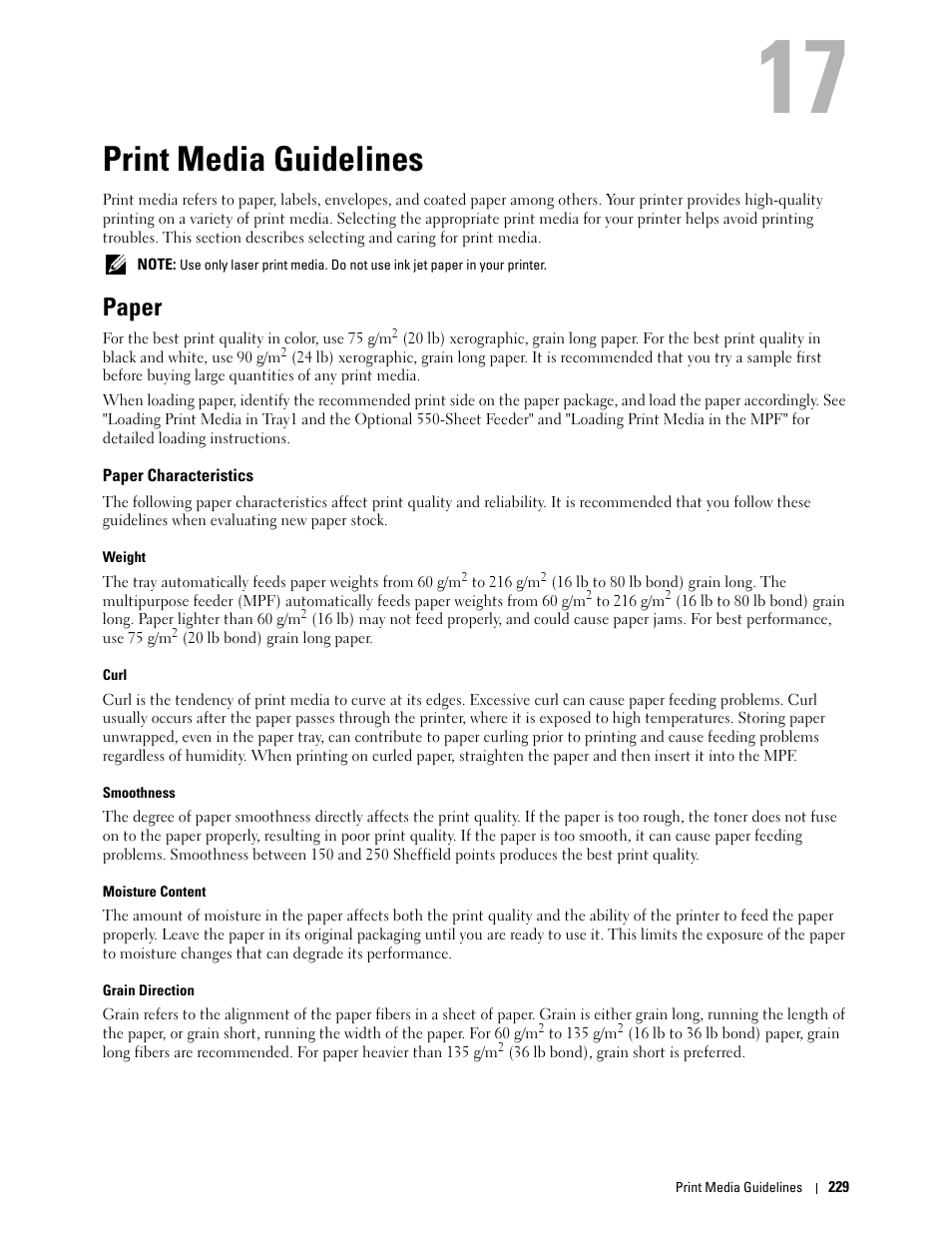 Print media guidelines, Paper, Paper characteristics | 17 print media guidelines | Dell C3760dn Color Laser Printer User Manual | Page 231 / 412