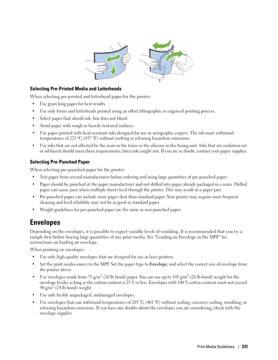 Selecting pre-printed media and letterheads, Selecting pre-punched paper, Envelopes | Dell C3760dn Color Laser Printer User Manual | Page 233 / 412