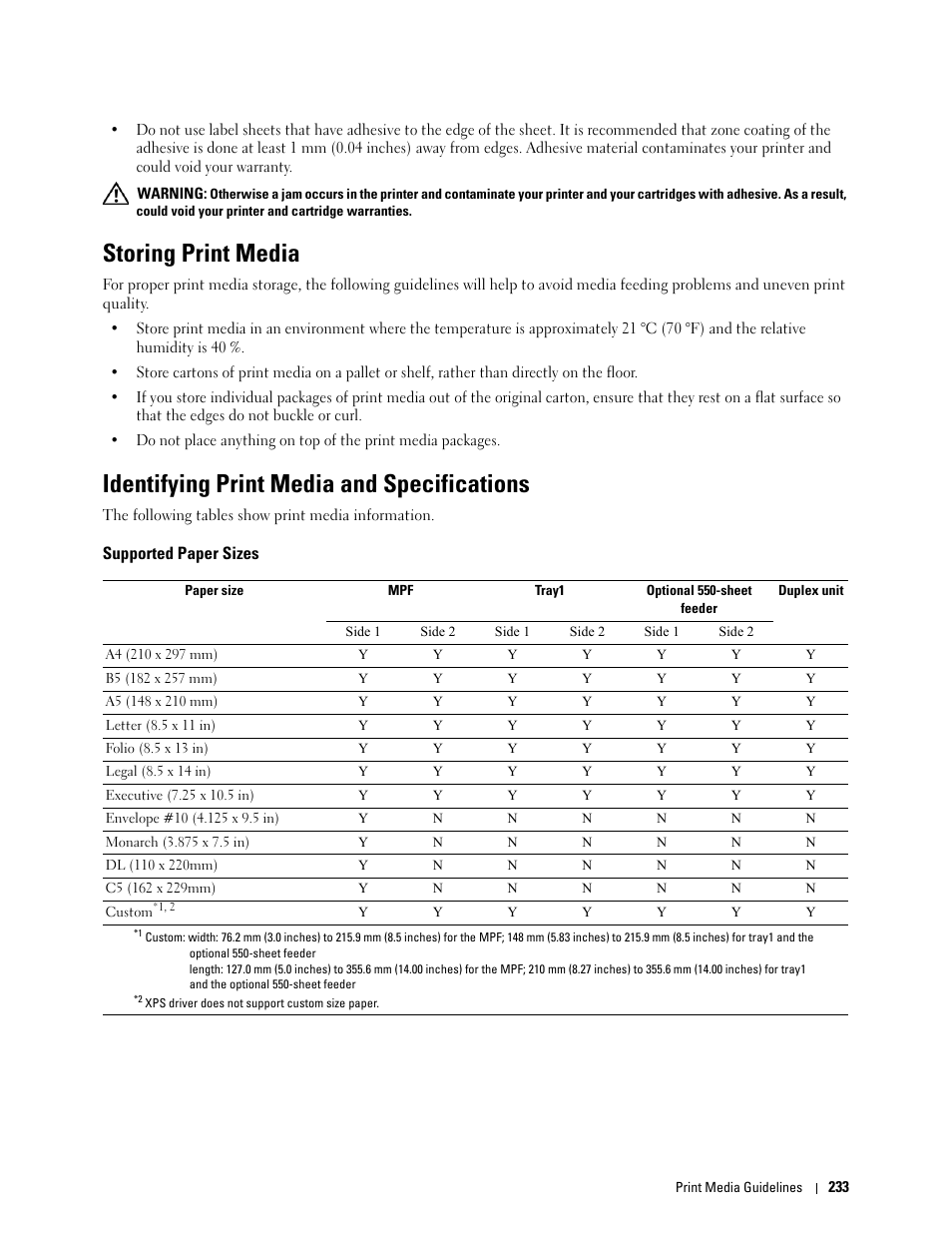 Storing print media, Identifying print media and specifications, Supported paper sizes | Dell C3760dn Color Laser Printer User Manual | Page 235 / 412