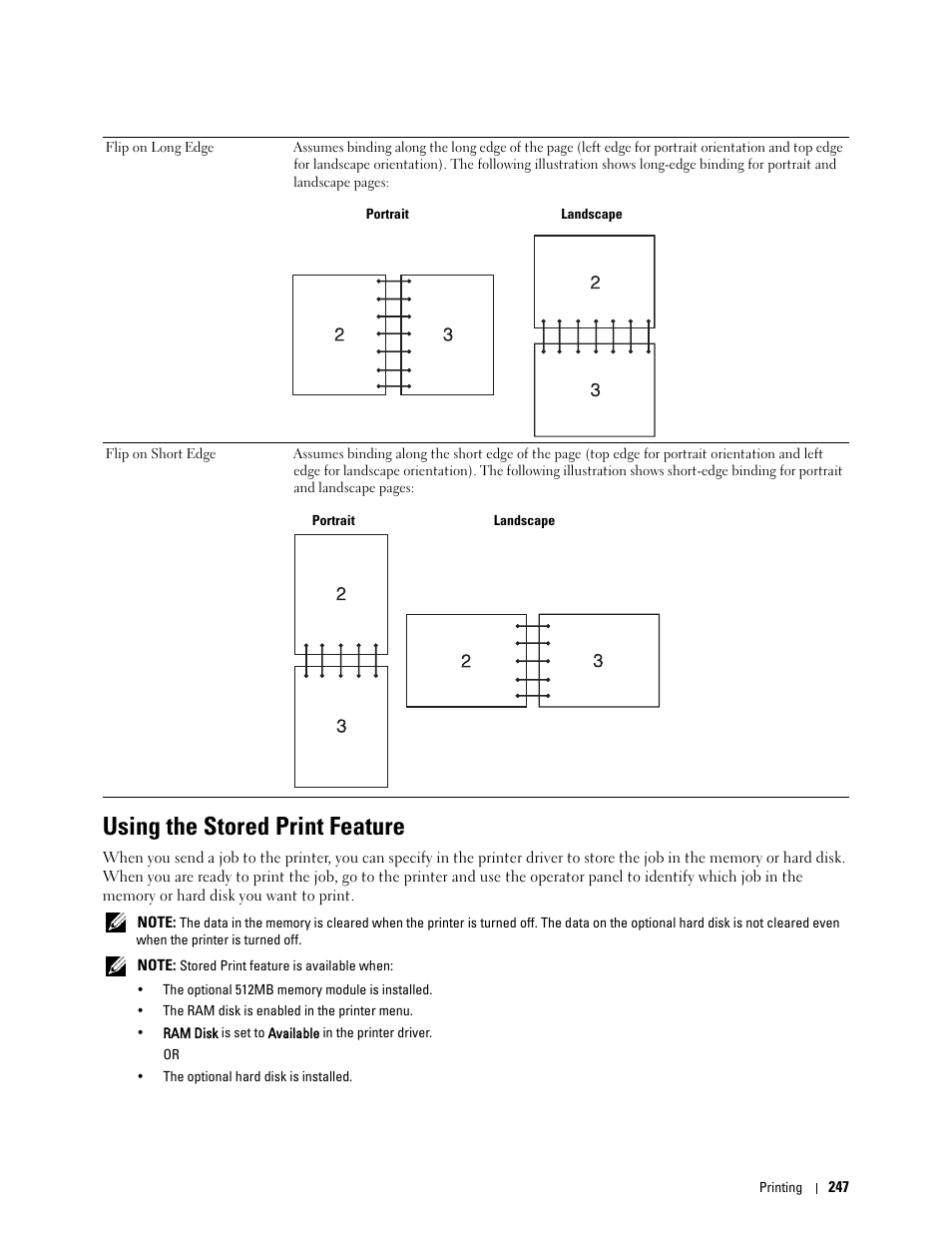 Using the stored print feature, Flip on short edge, Flip on long edge | Dell C3760dn Color Laser Printer User Manual | Page 249 / 412