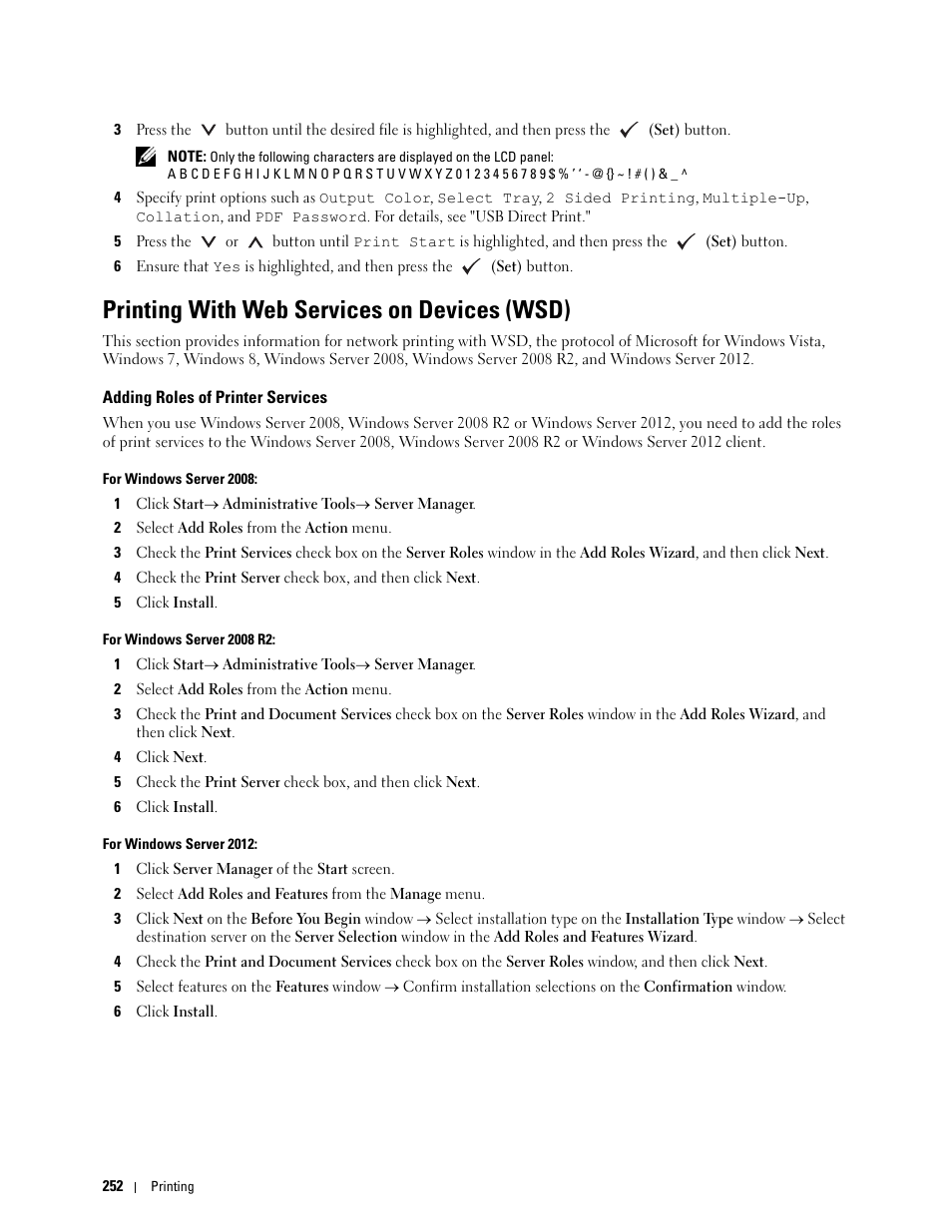 Printing with web services on devices (wsd), Adding roles of printer services | Dell C3760dn Color Laser Printer User Manual | Page 254 / 412