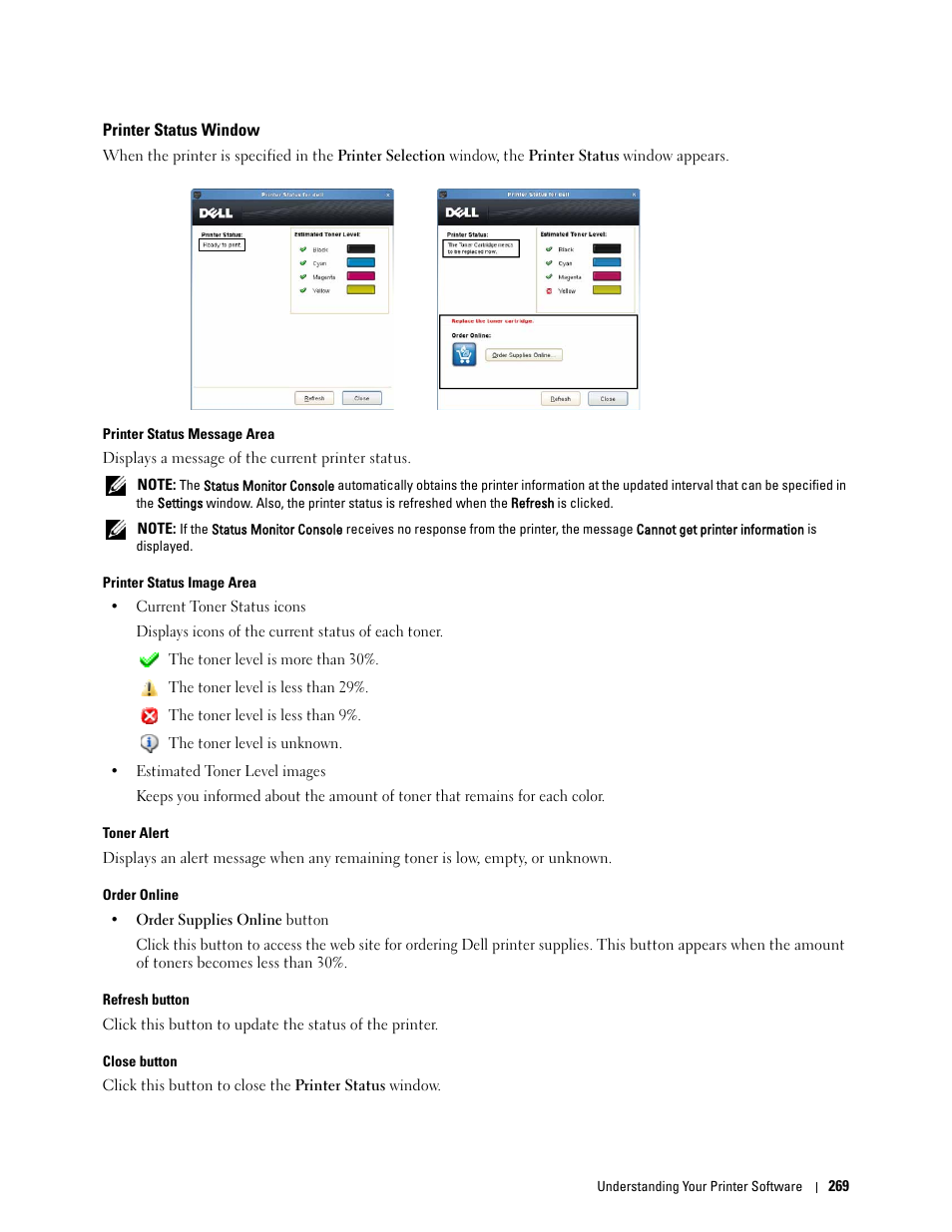 Printer status window, See "printer status window | Dell C3760dn Color Laser Printer User Manual | Page 271 / 412