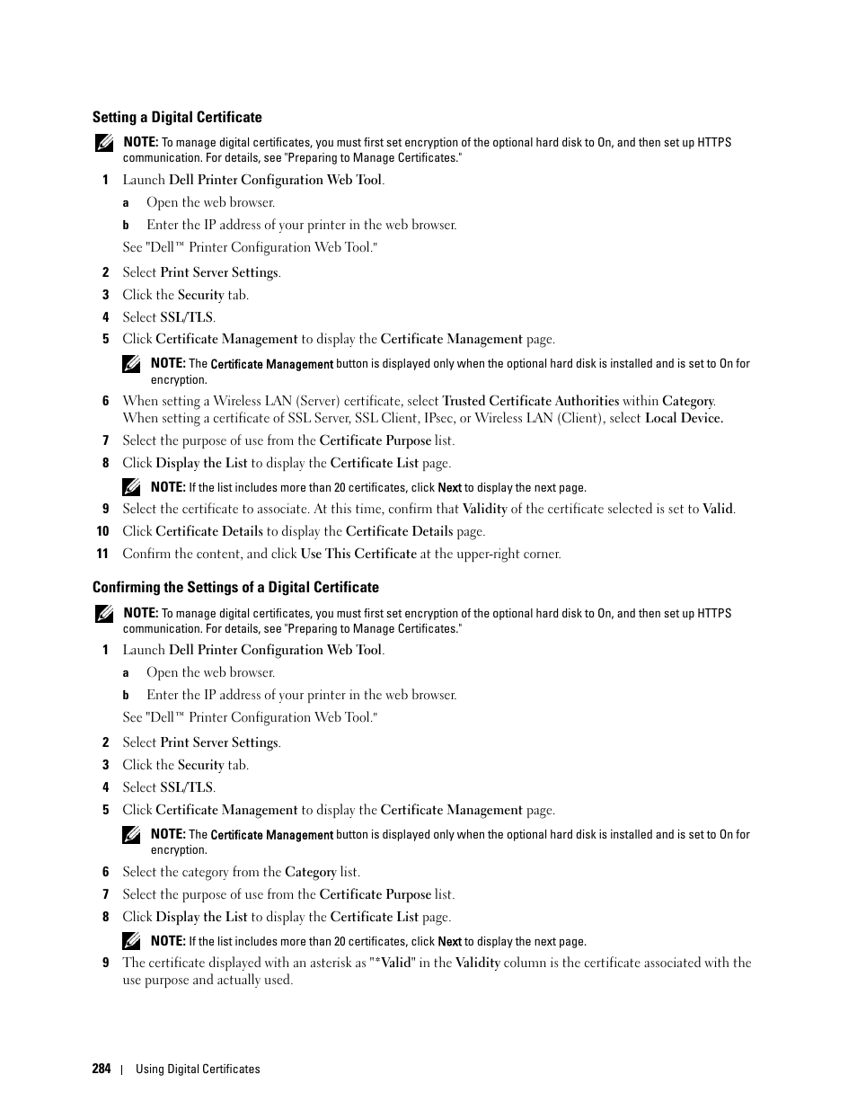 Setting a digital certificate, Confirming the settings of a digital certificate | Dell C3760dn Color Laser Printer User Manual | Page 286 / 412