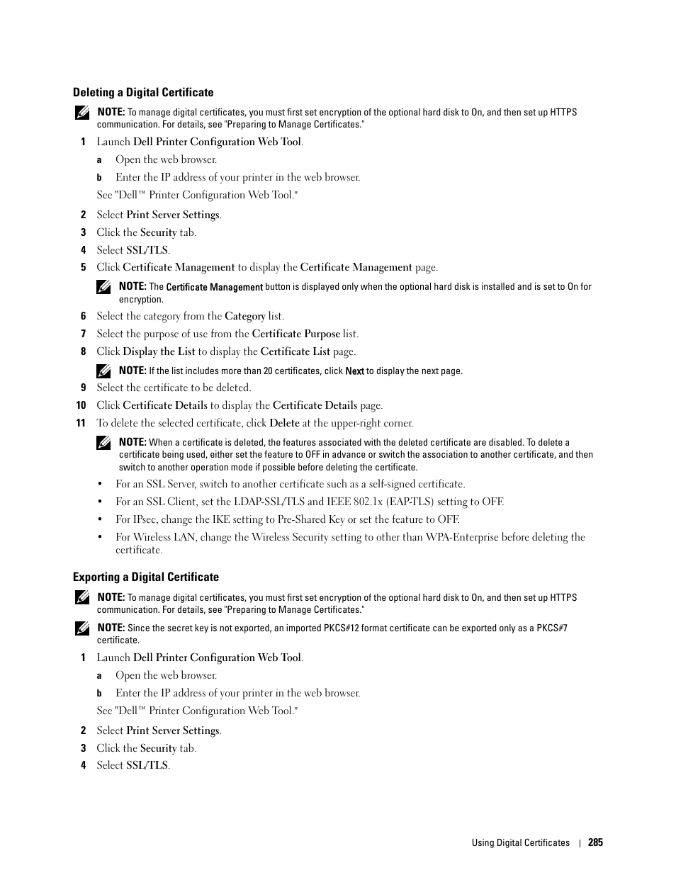 Deleting a digital certificate, Exporting a digital certificate | Dell C3760dn Color Laser Printer User Manual | Page 287 / 412