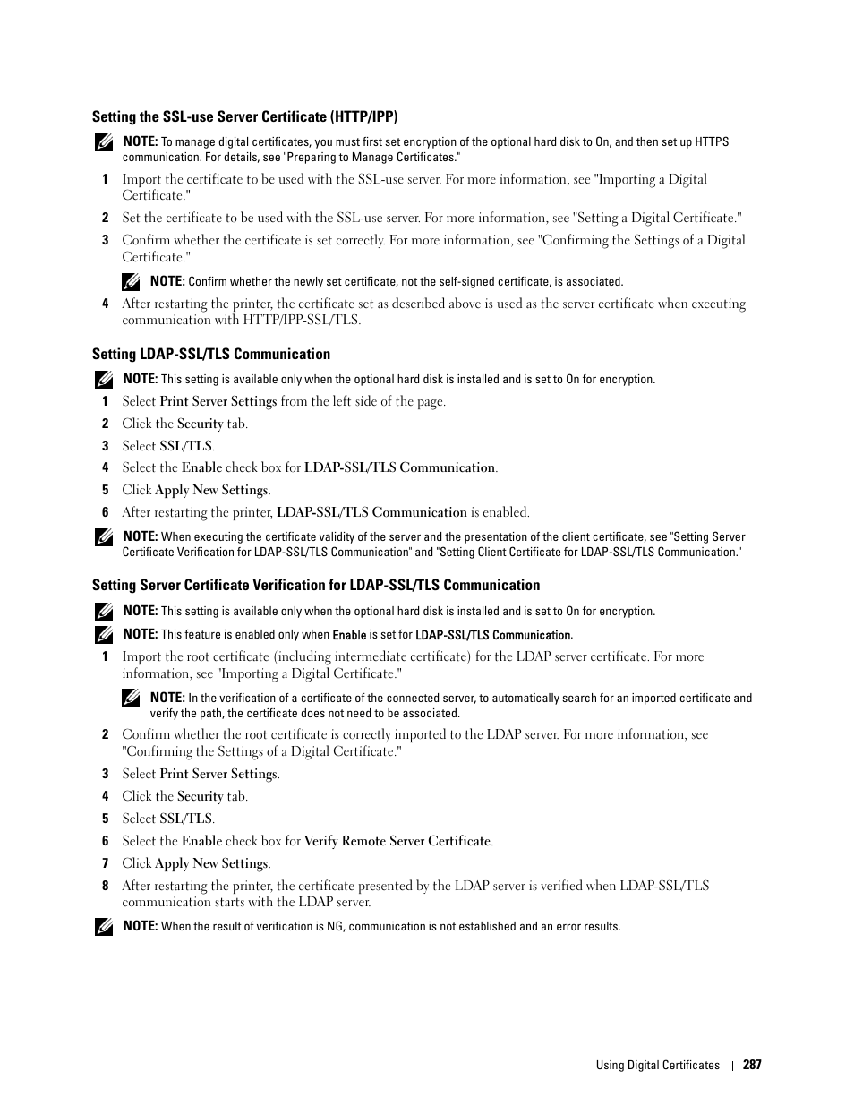 Setting the ssl-use server certificate (http/ipp), Setting ldap-ssl/tls communication | Dell C3760dn Color Laser Printer User Manual | Page 289 / 412