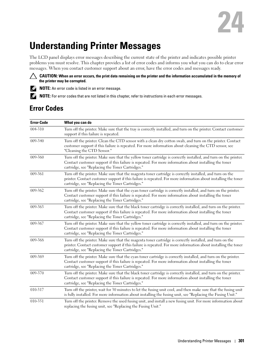 Understanding printer messages, Error codes, 24 understanding printer messages | See "understanding printer messages | Dell C3760dn Color Laser Printer User Manual | Page 303 / 412