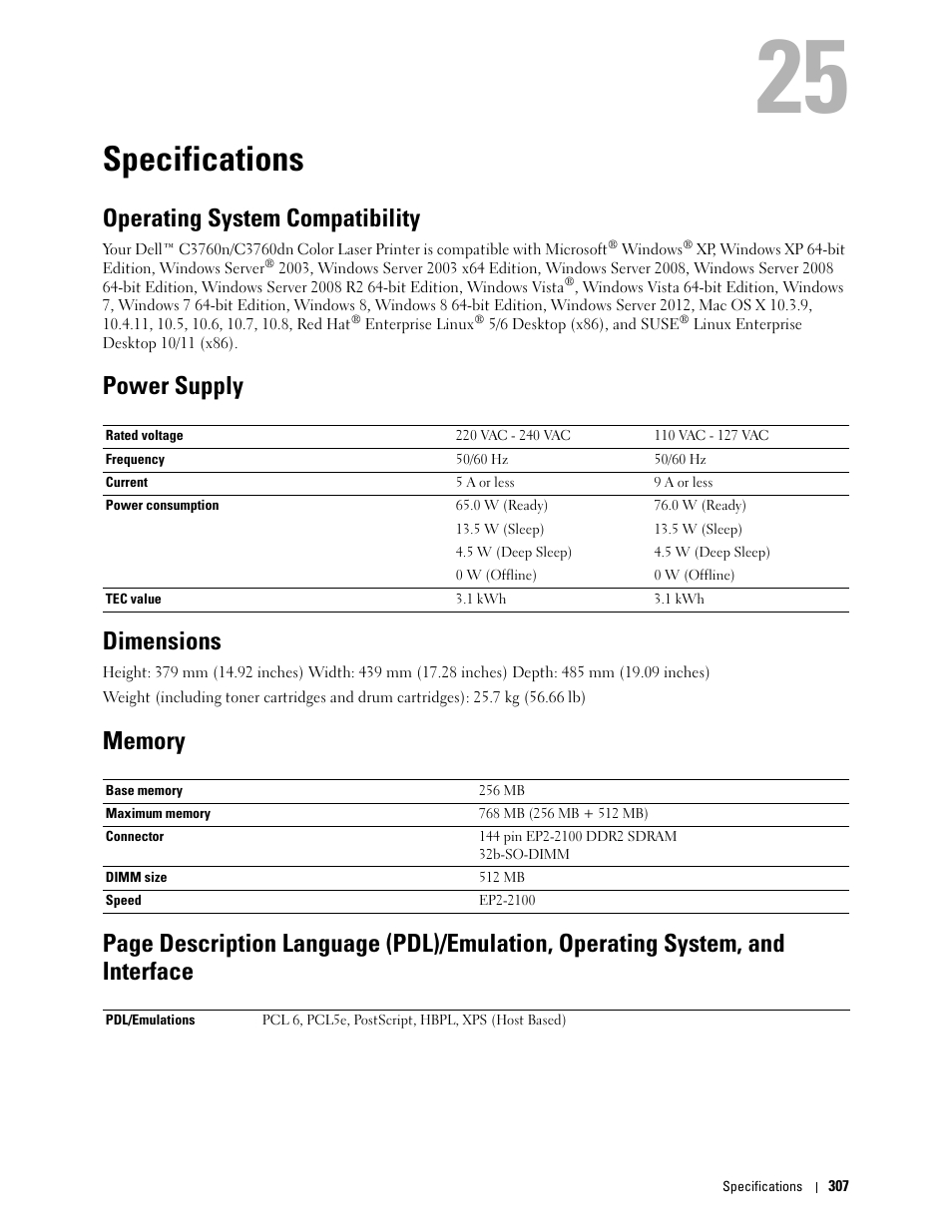 Specifications, Operating system compatibility, Power supply | Dimensions, Memory, 25 specifications, Power supply dimensions | Dell C3760dn Color Laser Printer User Manual | Page 309 / 412