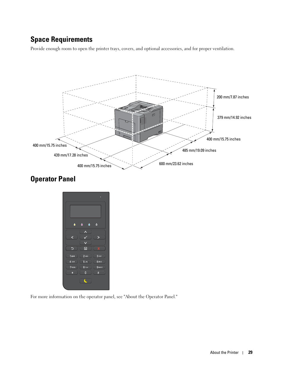 Space requirements, Operator panel | Dell C3760dn Color Laser Printer User Manual | Page 31 / 412