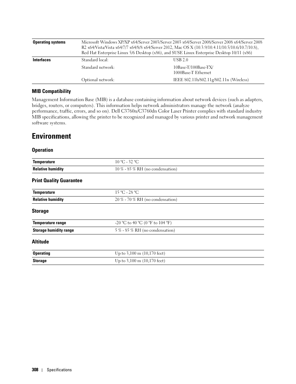 Mib compatibility, Environment, Operation | Print quality guarantee, Storage, Altitude | Dell C3760dn Color Laser Printer User Manual | Page 310 / 412