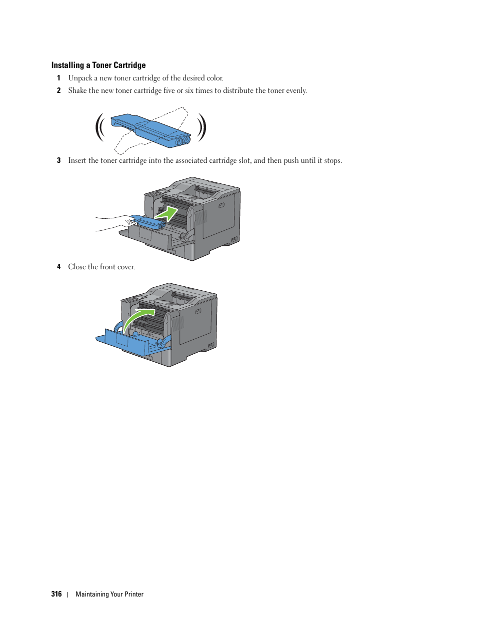 Installing a toner cartridge | Dell C3760dn Color Laser Printer User Manual | Page 318 / 412