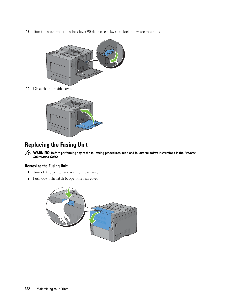 Replacing the fusing unit, Removing the fusing unit, E "replacing the fusing unit | Dell C3760dn Color Laser Printer User Manual | Page 324 / 412