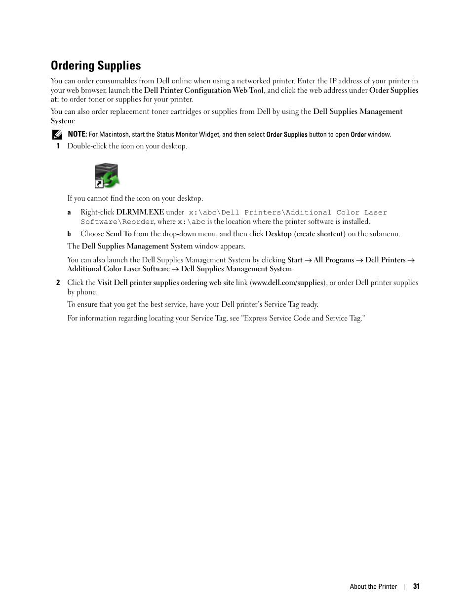 Ordering supplies | Dell C3760dn Color Laser Printer User Manual | Page 33 / 412