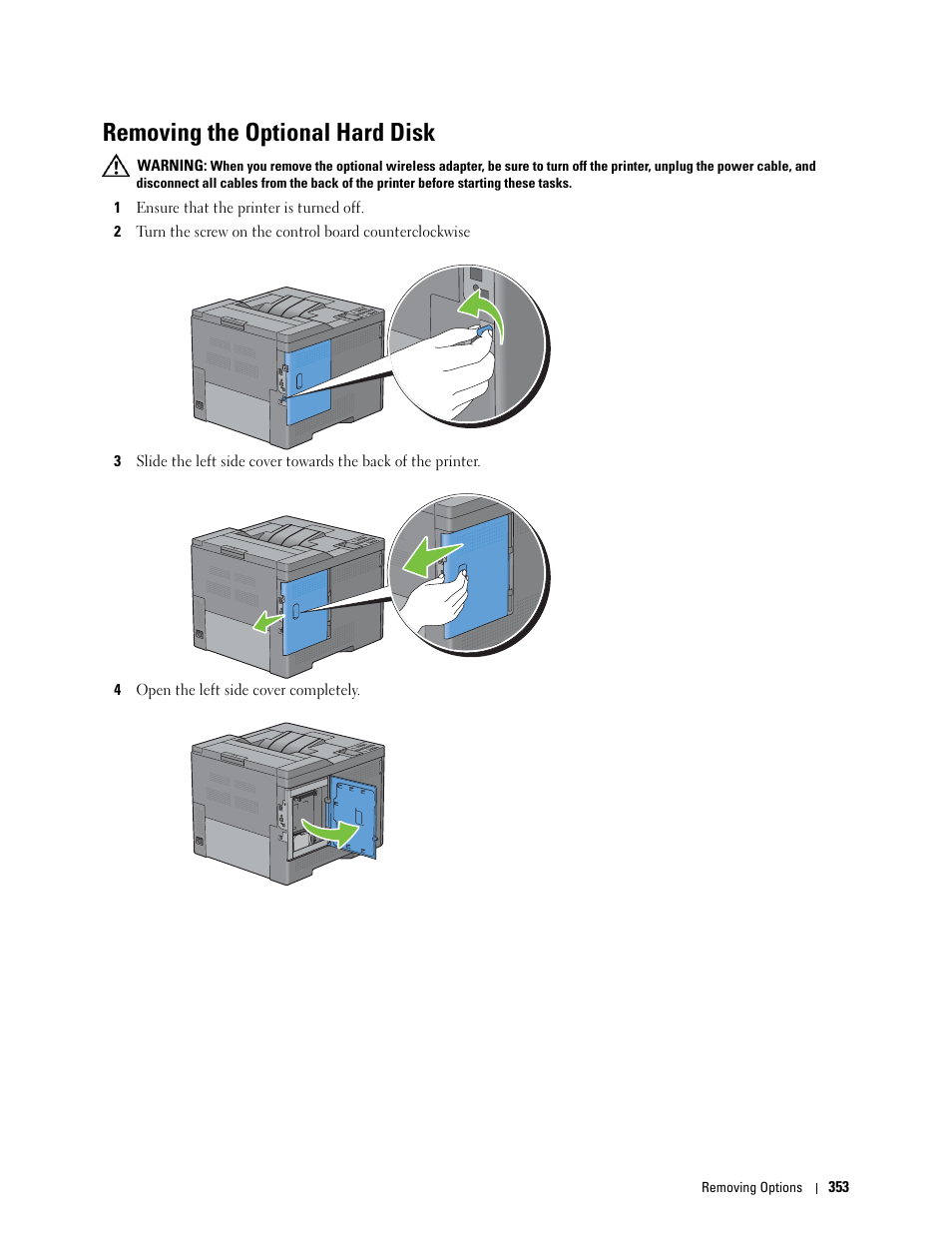 Removing the optional hard disk | Dell C3760dn Color Laser Printer User Manual | Page 355 / 412