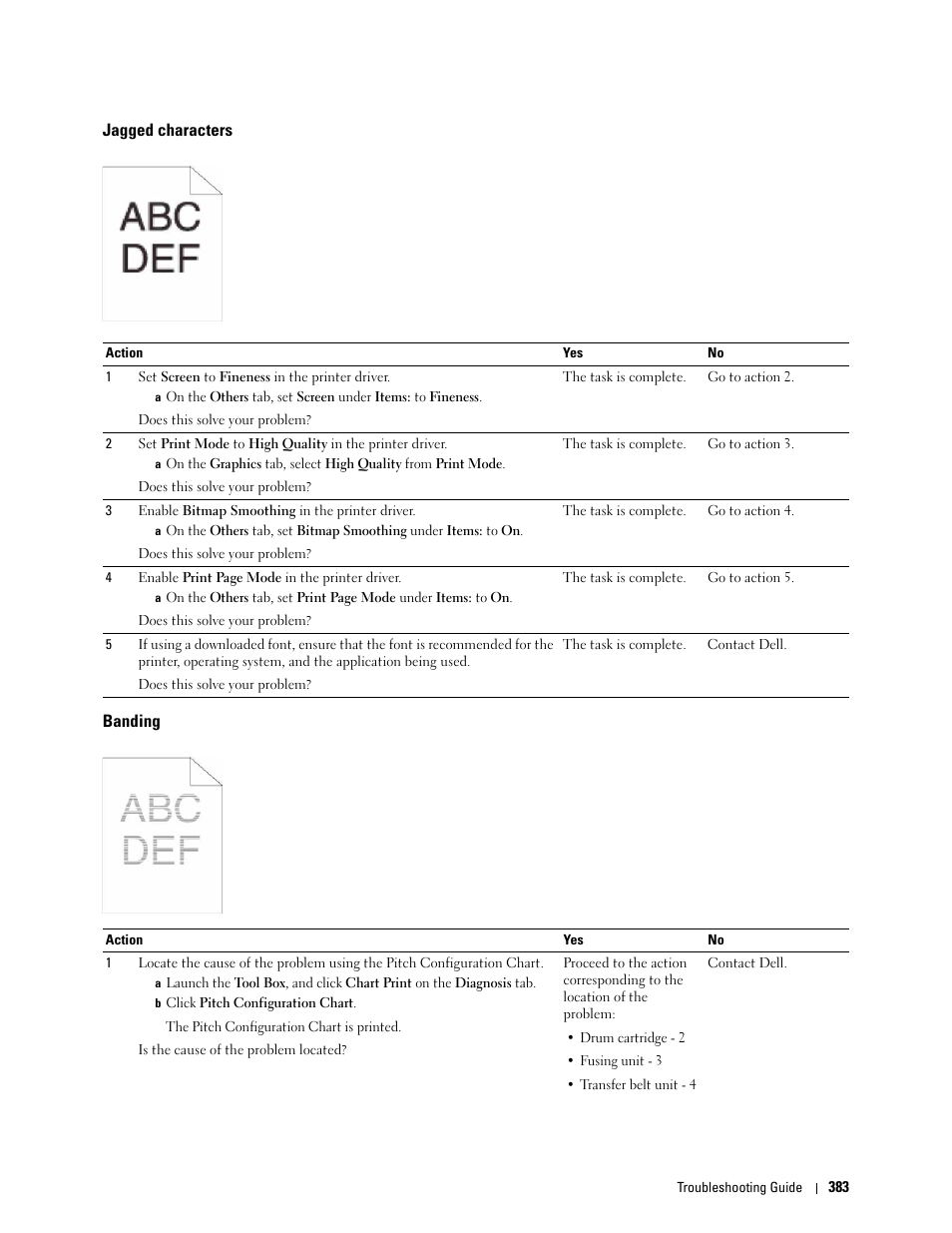 Jagged characters, Banding | Dell C3760dn Color Laser Printer User Manual | Page 385 / 412