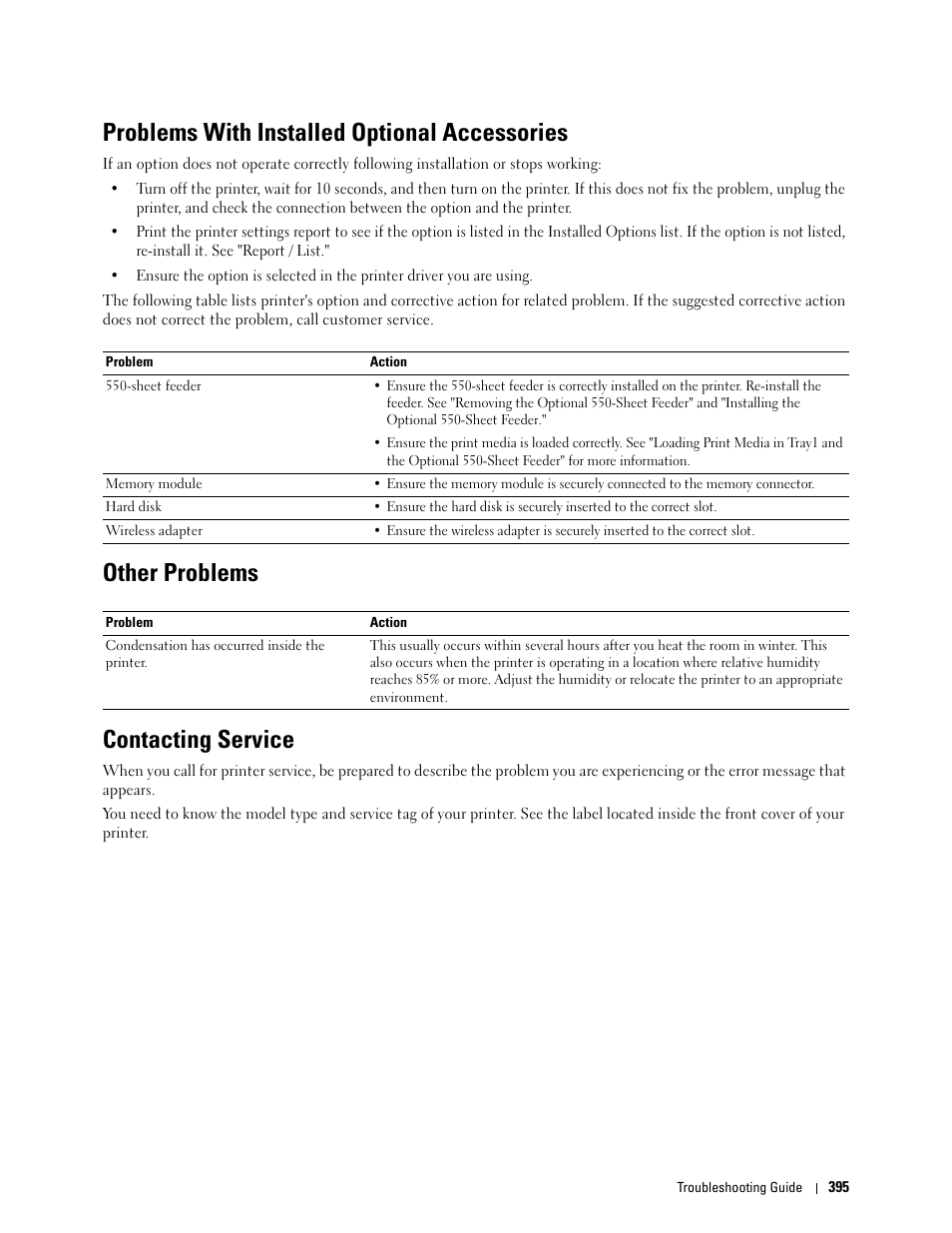 Problems with installed optional accessories, Other problems, Contacting service | Other problems contacting service | Dell C3760dn Color Laser Printer User Manual | Page 397 / 412