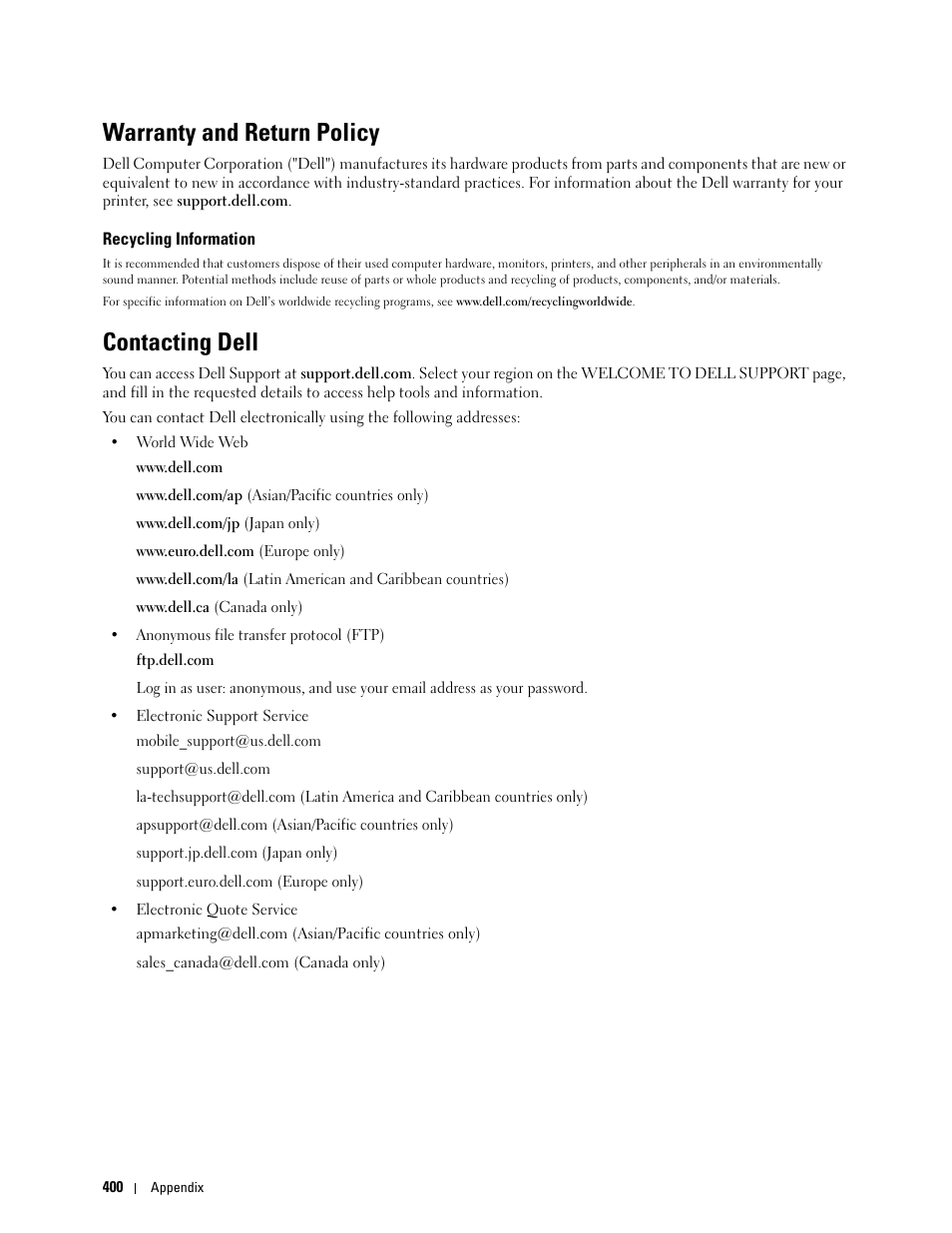 Warranty and return policy, Recycling information, Contacting dell | Dell C3760dn Color Laser Printer User Manual | Page 402 / 412