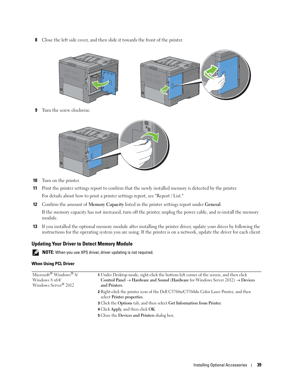 Updating your driver to detect memory module | Dell C3760dn Color Laser Printer User Manual | Page 41 / 412