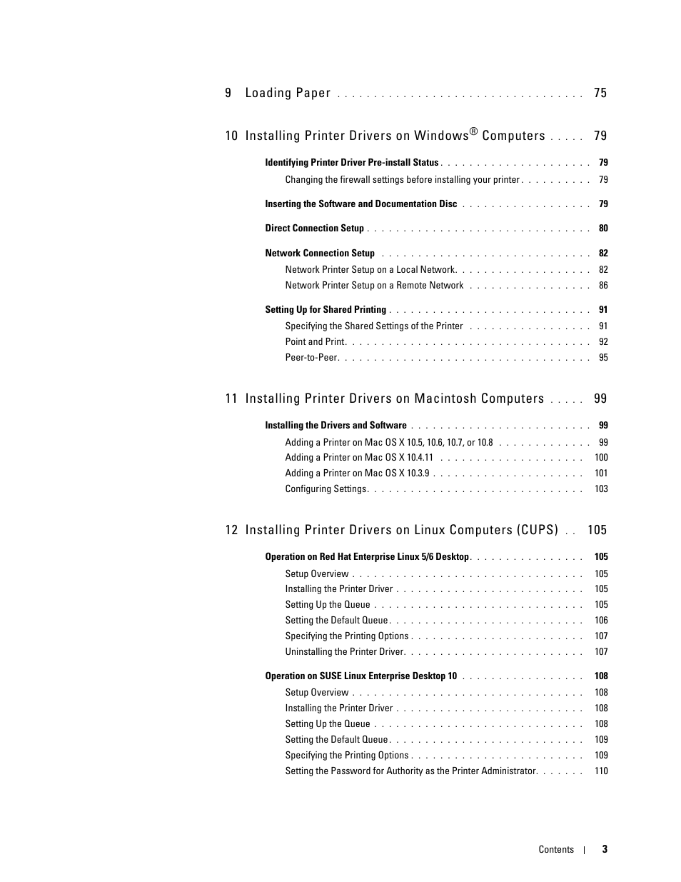 9 loading paper 75, 9 loading paper, 75 10 installing printer drivers on windows | Computers | Dell C3760dn Color Laser Printer User Manual | Page 5 / 412