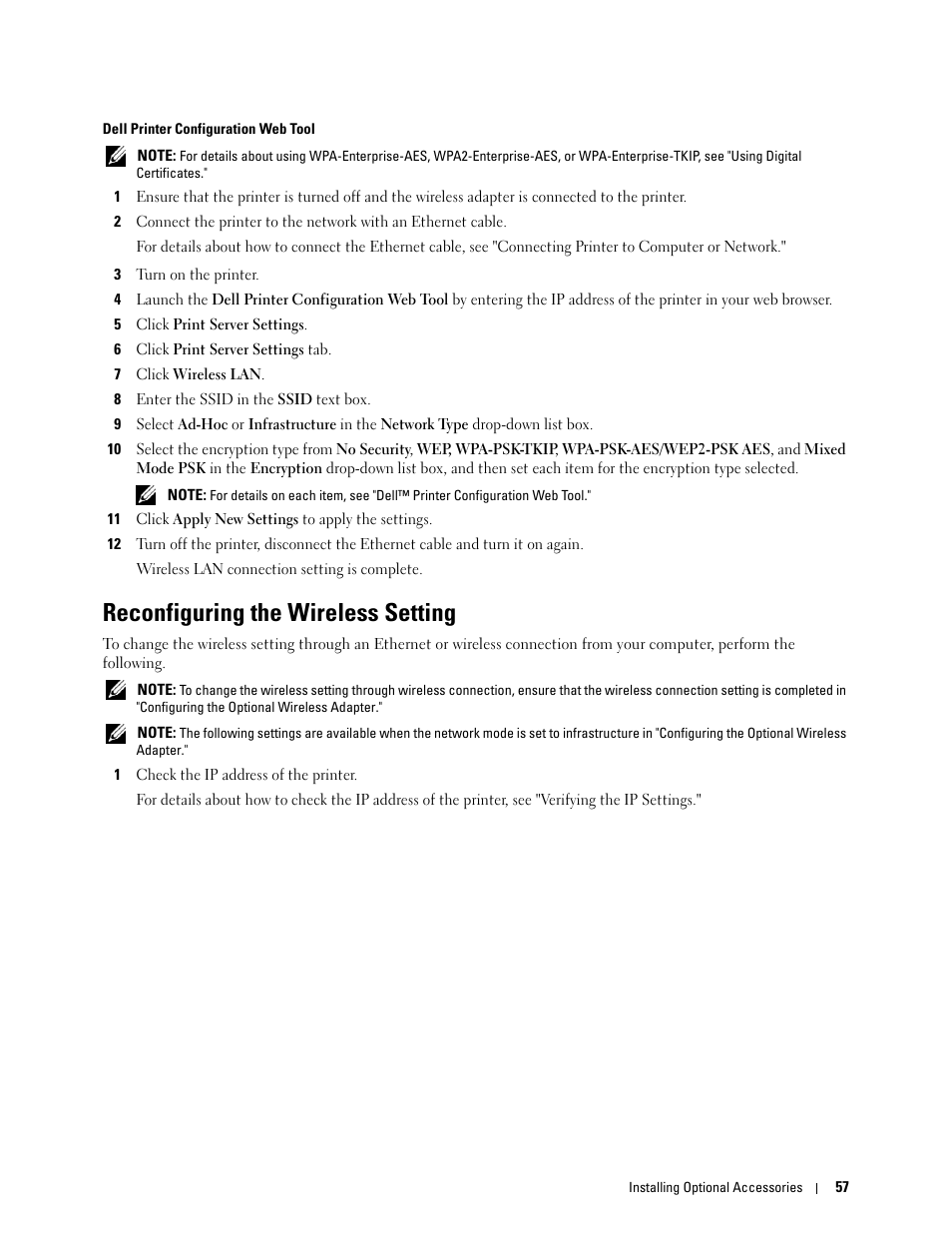 Reconfiguring the wireless setting, Dell printer configuration web tool | Dell C3760dn Color Laser Printer User Manual | Page 59 / 412