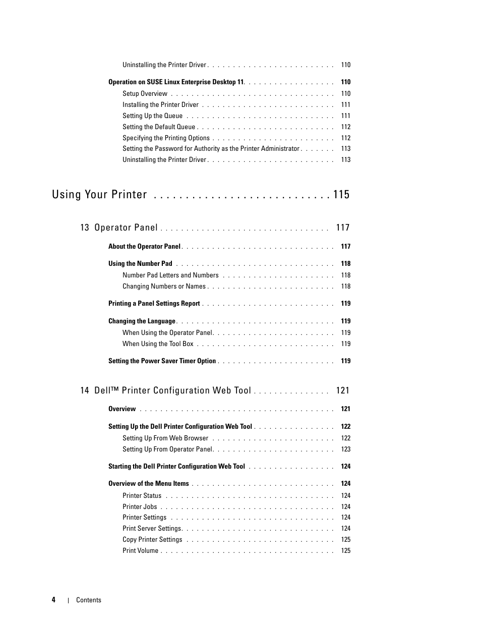 13 operator panel 117, 14 dell™ printer configuration web tool 121, Using your printer | 13 operator panel, 14 dell™ printer configuration web tool | Dell C3760dn Color Laser Printer User Manual | Page 6 / 412