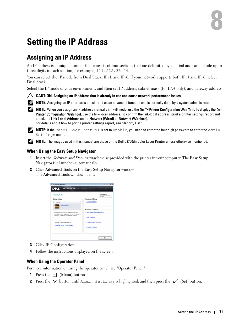 Setting the ip address, Assigning an ip address, When using the easy setup navigator | When using the operator panel, 8 setting the ip address | Dell C3760dn Color Laser Printer User Manual | Page 73 / 412