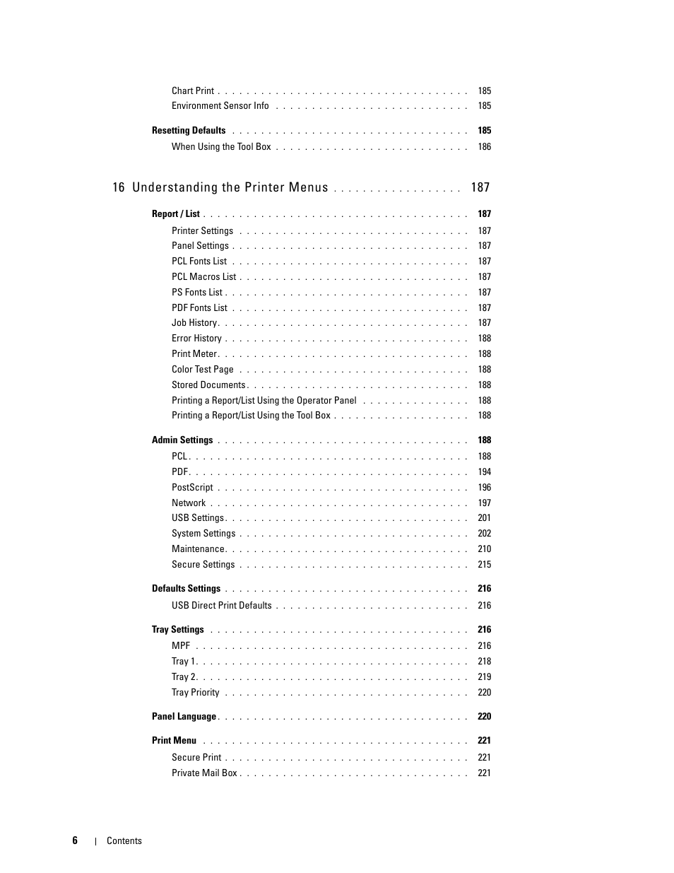 16 understanding the printer menus 187, 16 understanding the printer menus | Dell C3760dn Color Laser Printer User Manual | Page 8 / 412