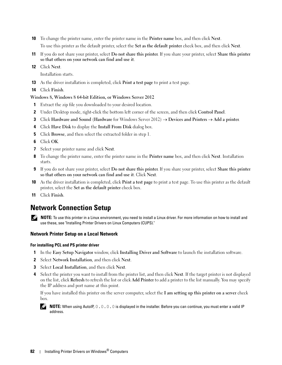 Network connection setup, Network printer setup on a local network | Dell C3760dn Color Laser Printer User Manual | Page 84 / 412