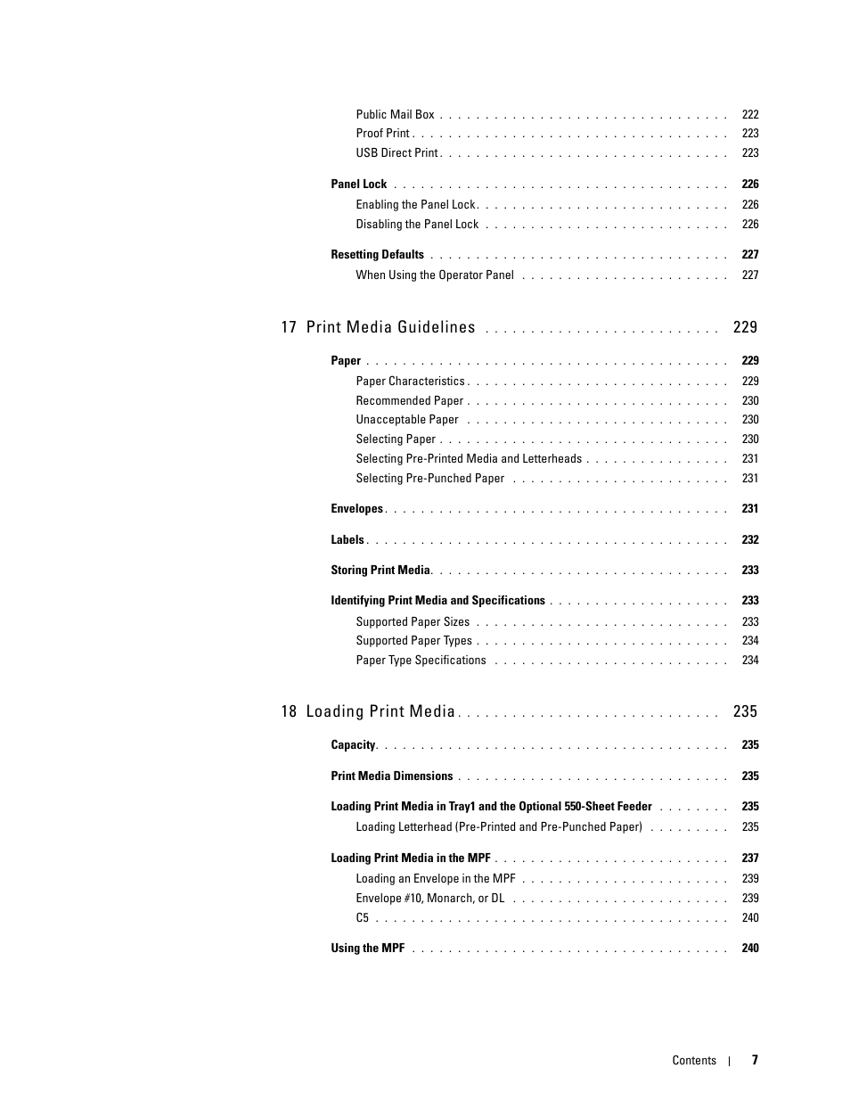 17 print media guidelines 229, 18 loading print media 235, 17 print media guidelines | 18 loading print media | Dell C3760dn Color Laser Printer User Manual | Page 9 / 412