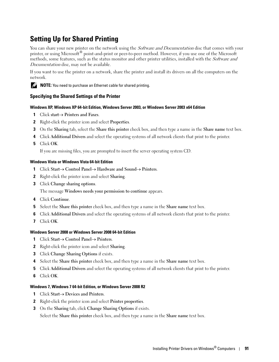 Setting up for shared printing, Specifying the shared settings of the printer | Dell C3760dn Color Laser Printer User Manual | Page 93 / 412