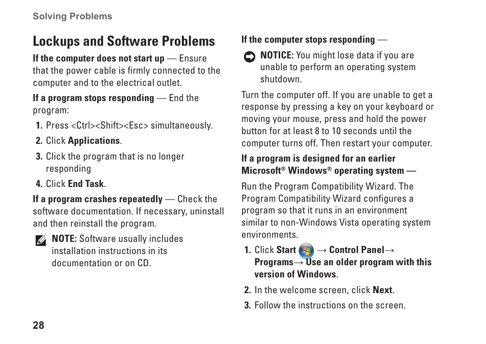 Lockups and software problems | Dell Studio Hybrid D140G (Mid 2008) User Manual | Page 30 / 64