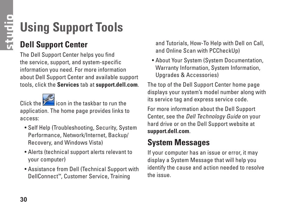 Using support tools, Dell support center, System messages | Dell support center system messages | Dell Studio Hybrid D140G (Mid 2008) User Manual | Page 32 / 64