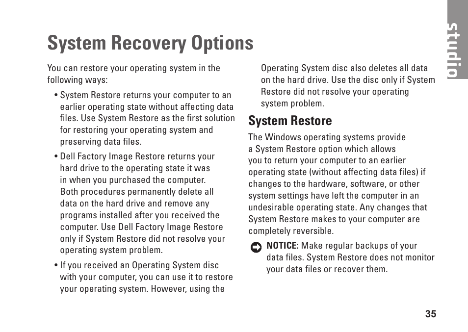 System recovery options, System restore | Dell Studio Hybrid D140G (Mid 2008) User Manual | Page 37 / 64