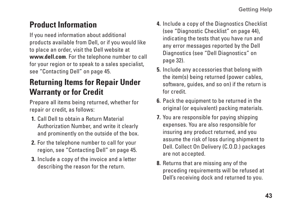 Product information, Warranty or for credit | Dell Studio Hybrid D140G (Mid 2008) User Manual | Page 45 / 64