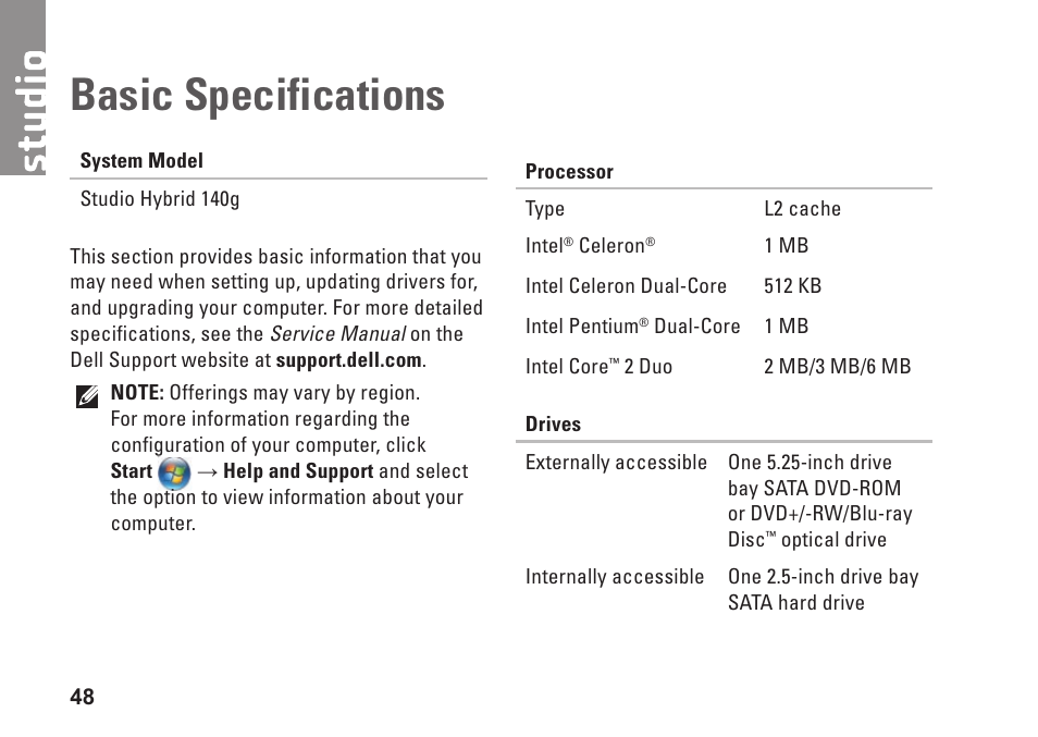 Basic specifications | Dell Studio Hybrid D140G (Mid 2008) User Manual | Page 50 / 64
