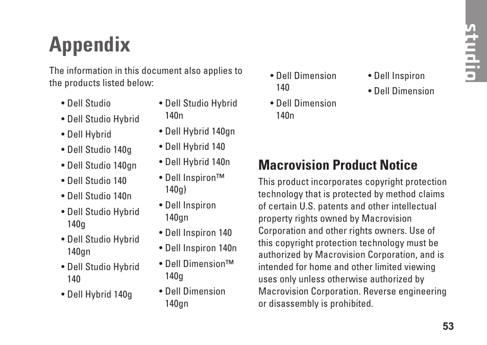 Appendix, Macrovision product notice | Dell Studio Hybrid D140G (Mid 2008) User Manual | Page 55 / 64