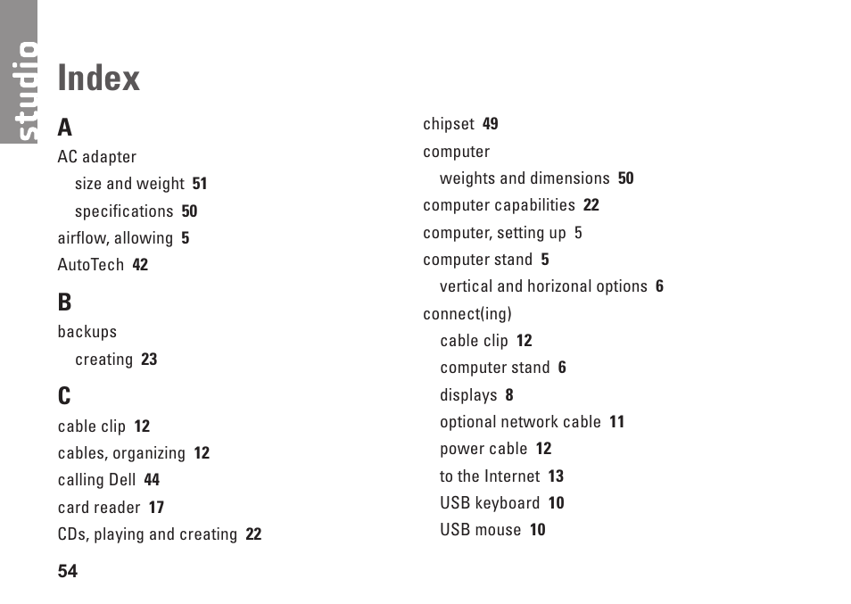 Index | Dell Studio Hybrid D140G (Mid 2008) User Manual | Page 56 / 64