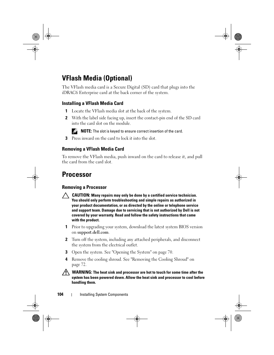 Vflash media (optional), Installing a vflash media card, Removing a vflash media card | Processor, Removing a processor, See "installing a vflash media | Dell DX6012S User Manual | Page 100 / 152