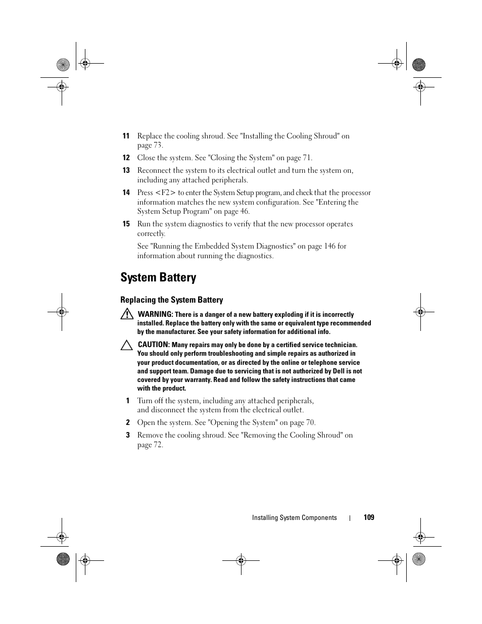 System battery, Replacing the system battery | Dell DX6012S User Manual | Page 105 / 152
