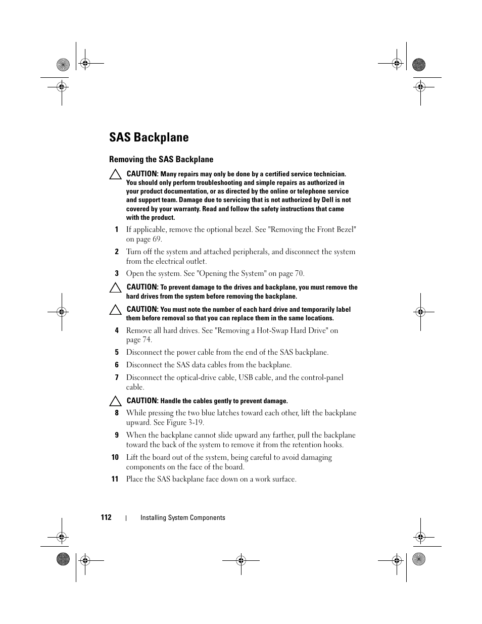 Sas backplane, Removing the sas backplane | Dell DX6012S User Manual | Page 108 / 152