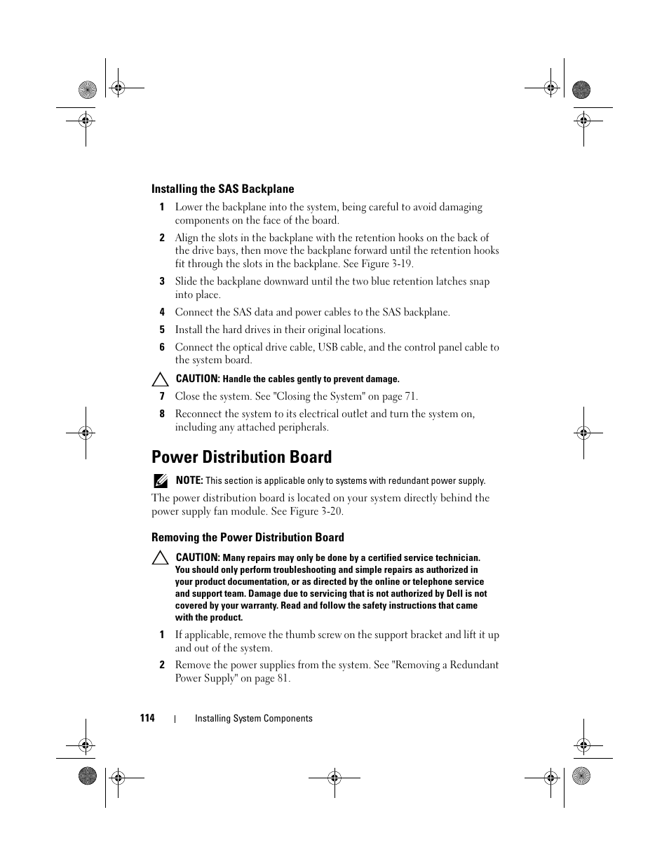 Installing the sas backplane, Power distribution board, Removing the power distribution board | Dell DX6012S User Manual | Page 110 / 152