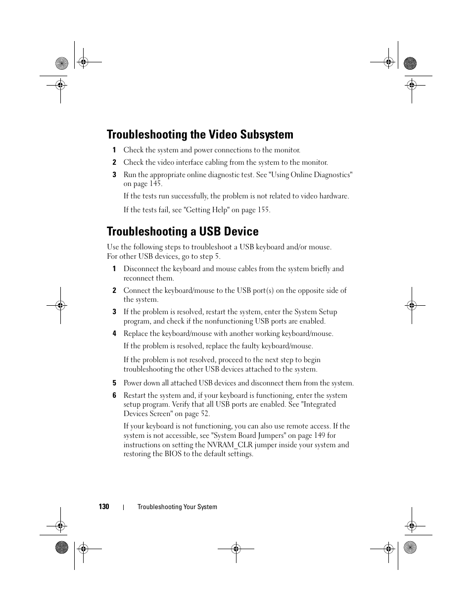 Troubleshooting the video subsystem, Troubleshooting a usb device | Dell DX6012S User Manual | Page 120 / 152