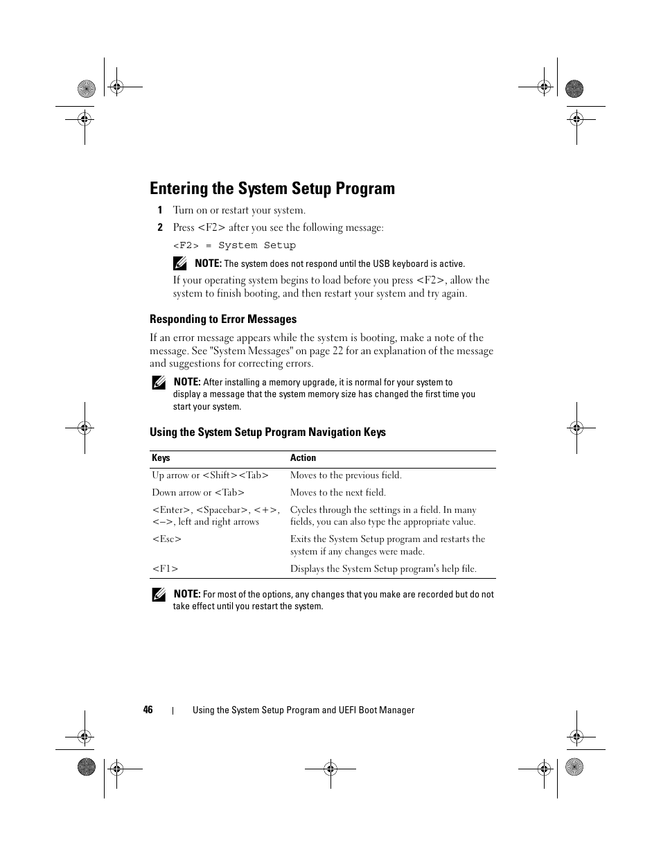 Entering the system setup program, Responding to error messages, Using the system setup program navigation keys | Dell DX6012S User Manual | Page 42 / 152